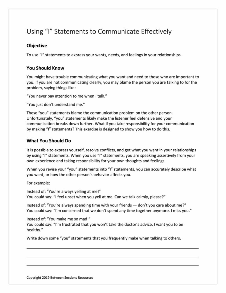 I Statements Communication Worksheet